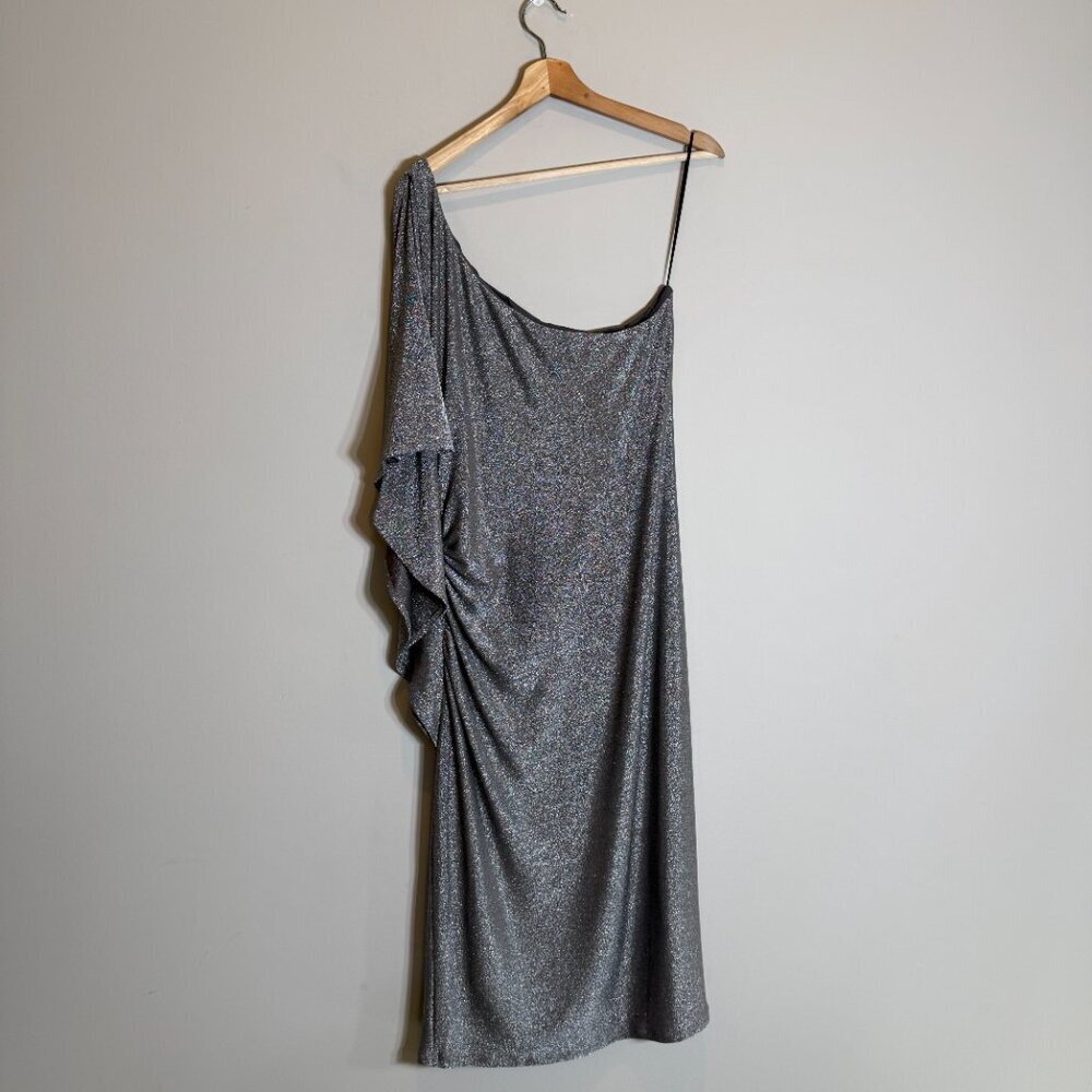 Trina Turk Ratio Ruched One-Shoulder Shimmer Mini Dress Women's XL Silver NWT - Picture 5 of 16